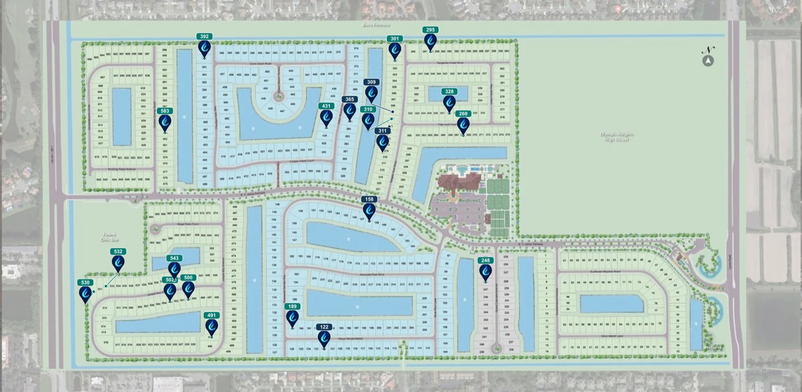 Lotus Edge community map with pins marking completed and ongoing Liquid Luxe backyard projects